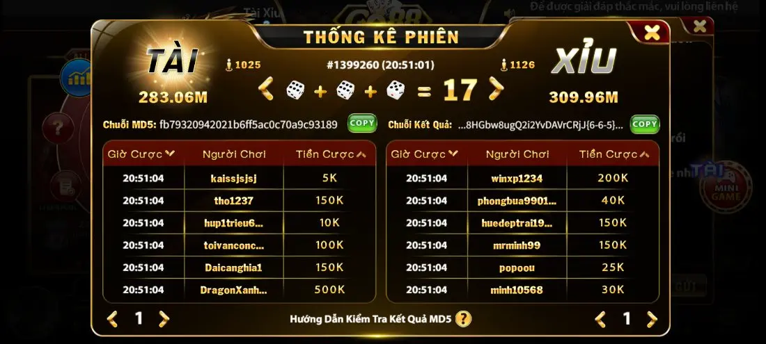 Thống kê phiên tài xỉu MD5