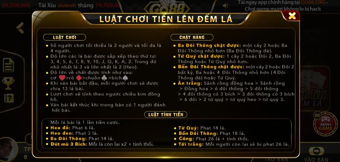 Luật chơi tiến lên đếm lá tại Go88