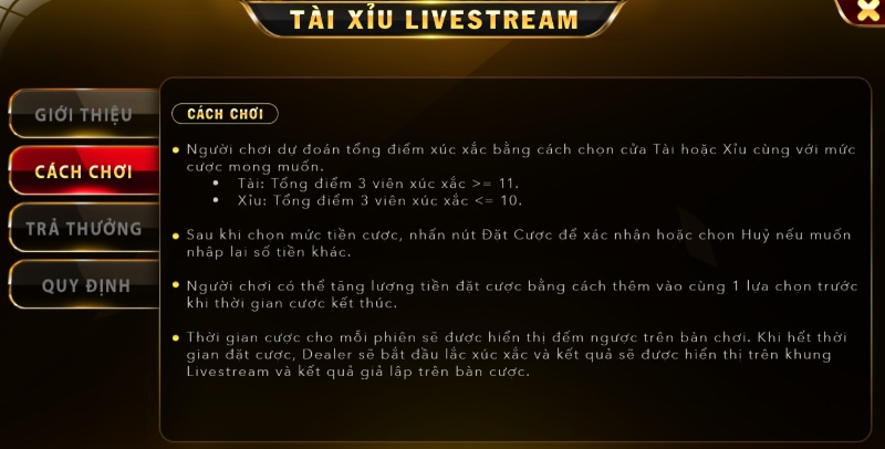 Chi tiết luật chơi Tài xỉu Livestream